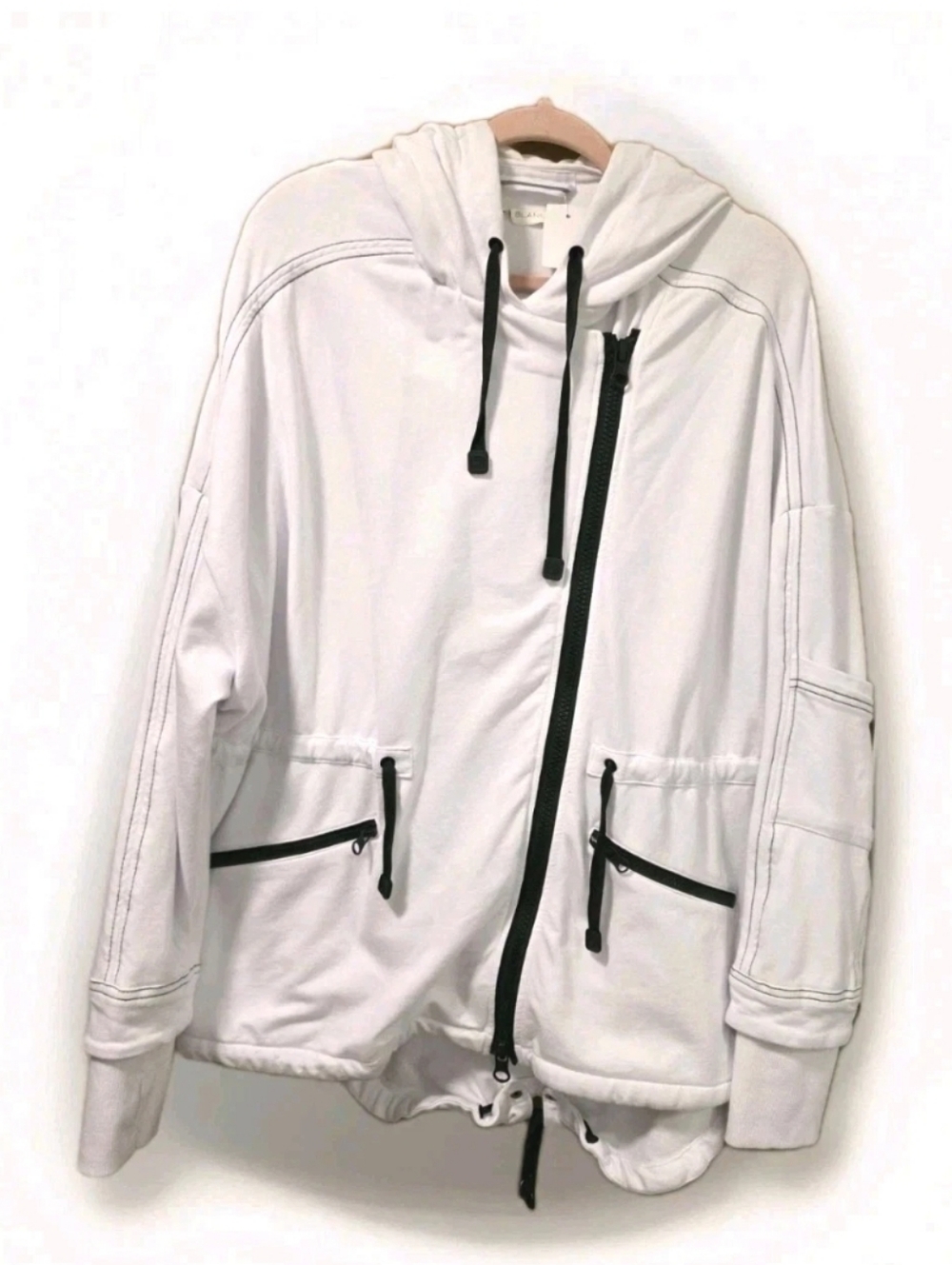 Blanc Noir White and Black Zip Front Asymmetrical Hoodie Traveler Jacket Sz Lg